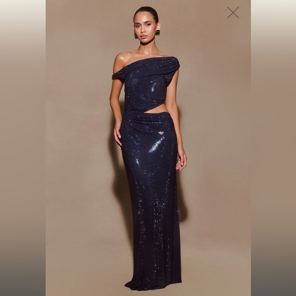 Meshki Blue Sequin One Shoulder Maxi Dress